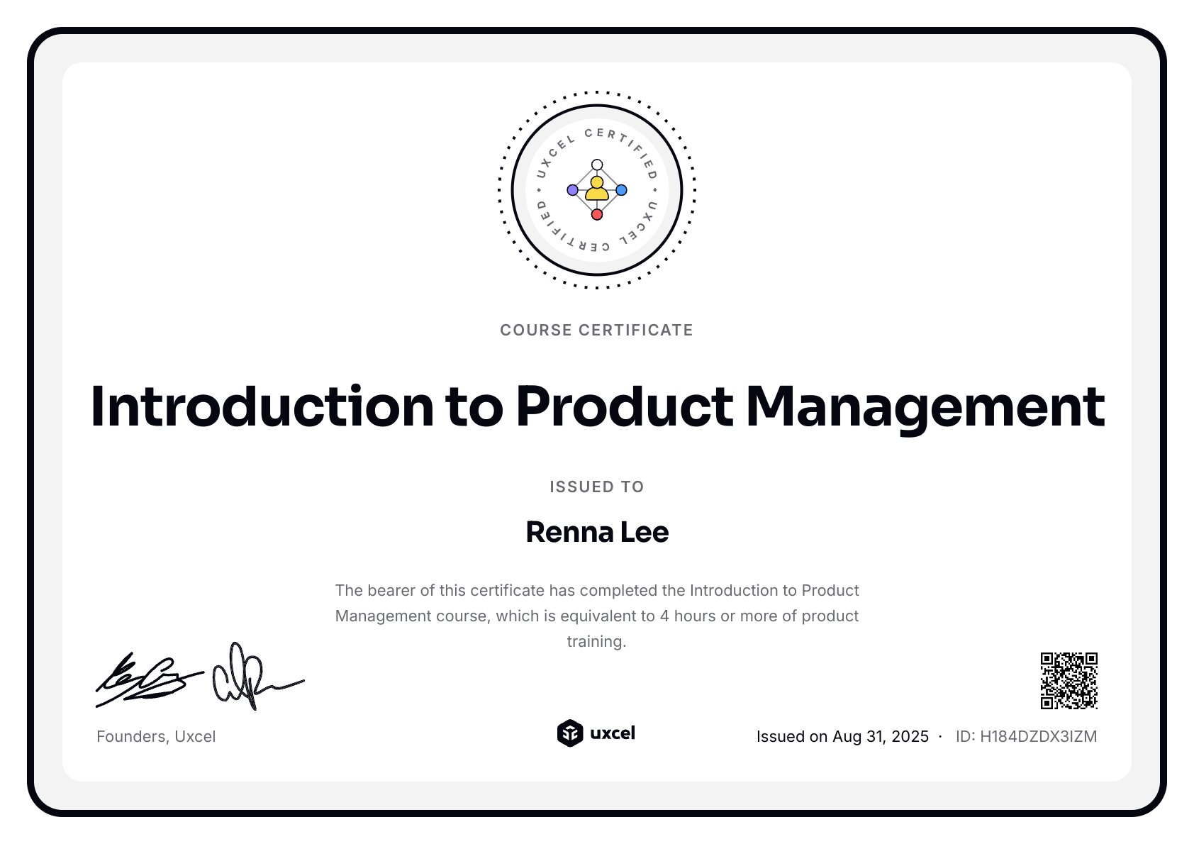 Renna Lee's certificate